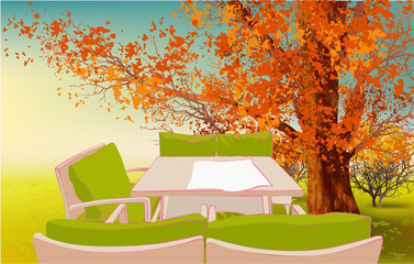 Cafe concept. Isometric illustration with tables and chairs under the open sky. Nature