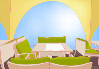 Cafe concept. Isometric illustration with tables and chairs under the open sky
