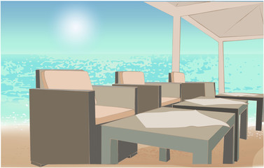Beach cafe concept. Isometric illustration with beach view and tables and chairs under the open sky