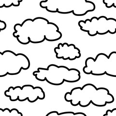 Seamless minimalistic cloud pattern. Cute illustration for wallpaper, wrapping paper, textile, design for children. Doodle vector set. Hand-drawn black outline clouds isolated on white background