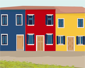 Illustration with isometric houses. Collection of colorful houses, buildings, summer