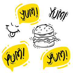 Yum word. Yummy burger. Vector lettering.