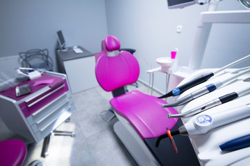 Modern dental practice. Dental chair and other accessories used by dentists.
