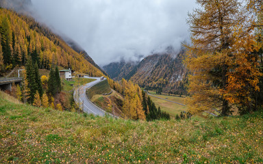 Peaceful autumn Alps mountain  countryside cloudy overcast view, Felbertauern Strasse high alpine...