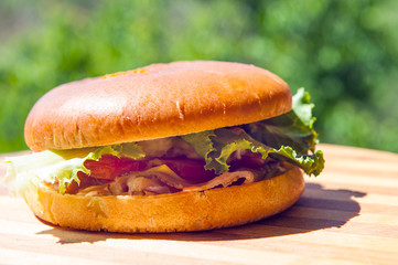 Big tasty and healthy hamburger outdoors.