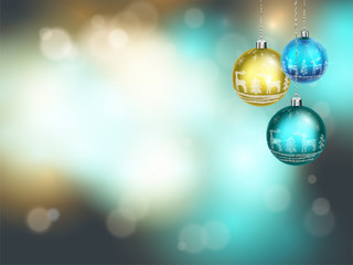 Happy new year. Abstract greeting background with bokeh, lights and christmas ball. Bright positive color.