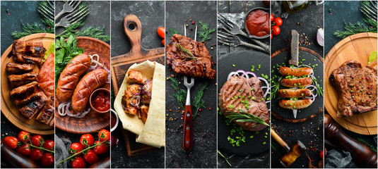Photo collage. Set of baked steaks, meat and sausages with spices and vegetables. Top view.