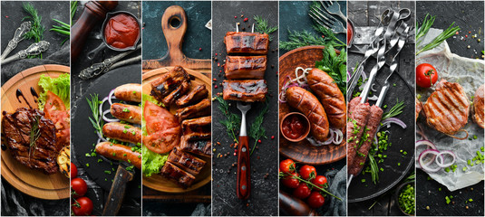 Photo collage. Set of baked steaks, meat and sausages with spices and vegetables. Top view.
