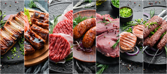 Photo collage. Set of baked steaks, meat and sausages with spices and vegetables. Top view.