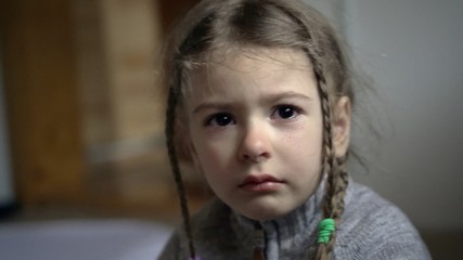 Mistreated child. Little girl upset. Child abuse and crying kid.