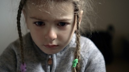 Mistreated child. Little girl upset. Child abuse and crying kid.