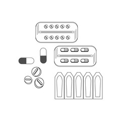 Sketch medicines, a set of pills of different shapes and a set of medical candles included, black outline white background, vector illustration