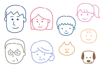 Diverse hand-drawn icons of Asian happy family. Vector illustration isolated on white background.