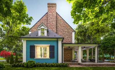 3d rendering of modern cozy classic house in colonial style with garage and pool for sale or rent with beautiful landscaping on background. Clear summer evening with cozy light from window