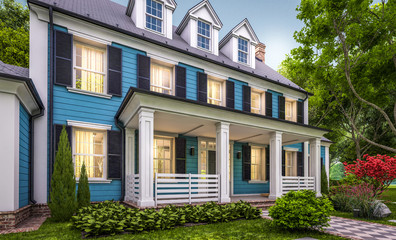 3d rendering of modern cozy classic house in colonial style with garage and pool for sale or rent with beautiful landscaping on background. Clear summer evening with cozy light from window