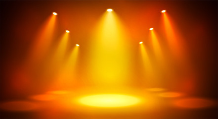 large scale Spotlights with smoke and scene. Warm yellow and orange background vector for your design.
