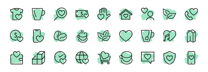  The set of icons about love contains such icons as love of music, declaration of love, heart, favorite home, Linear set. Vector on a white background. Editable stroke. 480x480