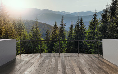 Luxury terrace in the mounting house. Balcony view of mountains. Background with beautiful...