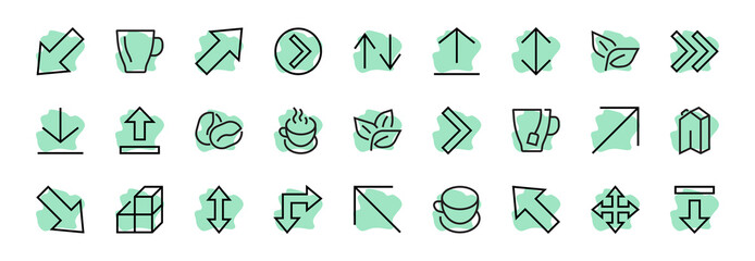Set of line arrows, directions, arrows, contains icons such as pause, continuation, directly, to the right, Editable stroke. 480x480, On a white background, Vector illustration