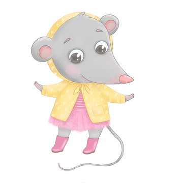 A cute little cartoon mouse stands on its hind legs