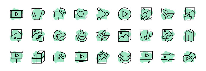 Set of Images Gallery vector line icons. Contains icons such as video, play video, edit images, Business Training, like photo. Editable stroke. Vector illustration