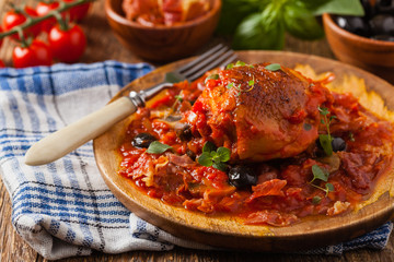 Traditionally made chicken in tomato sauce cacciatore.