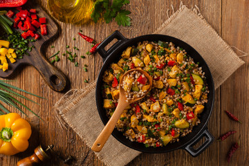 Buckwheat with chicken and vegetables.