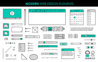Fototapeta na wymiar Set modern design elements page template. Website UI UX design hand drawn wire frames. Web elements with navigation, buttons, icons for use on the site. Vector illustration.