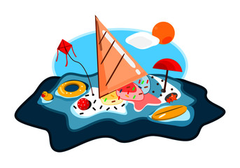 Sweet ice cream cone falling and upside down melting becomes the sea and beach in summer vector.