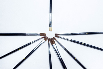 several brushes lie around one brush on a white background