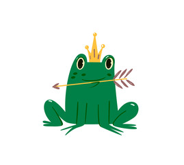 The Frog Princess. Funny fairytale toad with a crown holding an arrow in his mouth. The magic character of a children's fairy tale.