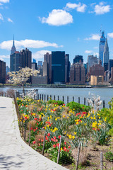 Midtown Manhattan Skyline seen from Gantry Plaza State Park with Colorful Spring Flowers in Long...
