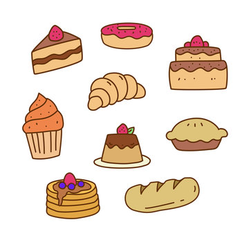 Set of bakery and cake doodle vector illustration in colorful hand drawn style isolated on white background 