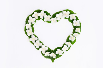 Flatlay in the shape of a heart from jasmine flowers on a white background.