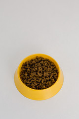
cat food in a yellow bowl