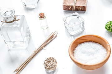 spa set with towels and soap on white background