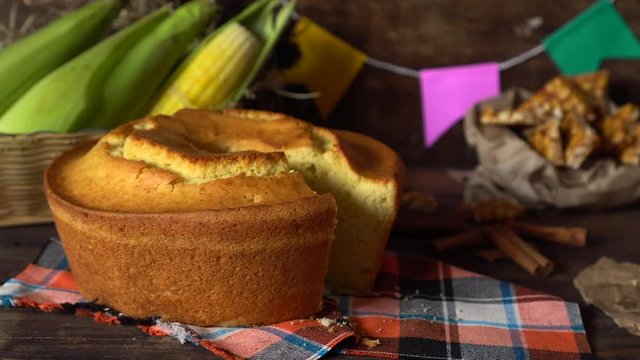Hand removing slice of corn cake june party "festa junina" 4k