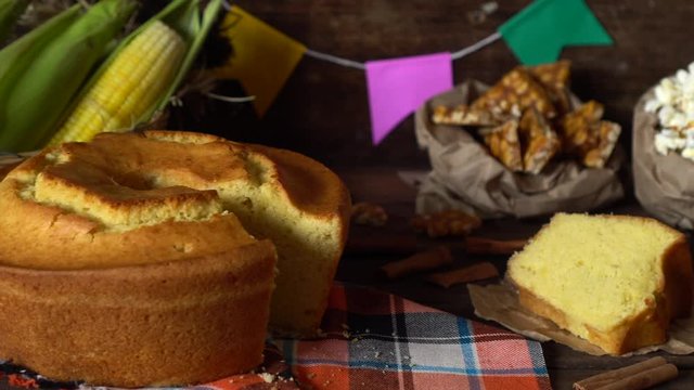 Brazilian typical cake corn slice, peanut brittle and cinnamon june party "festa junina" slider 4k