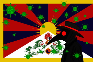 Black plague doctor surrounded by viruses with copy space with TIBET flag.