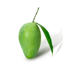 Fresh green mango and leaves isolated on white background