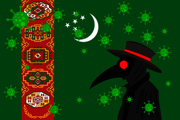 Black plague doctor surrounded by viruses with copy space with TURMEKISTAN flag.