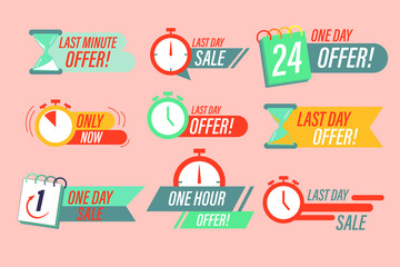 Sale countdown badges. Set of offer banners. Only now sale, last day offer. ogos, signs, stickers, deal badge template