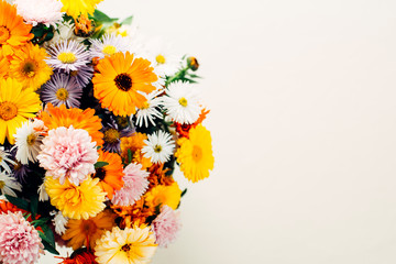 Bouquet of summer orange bright flowers on a white background with free space