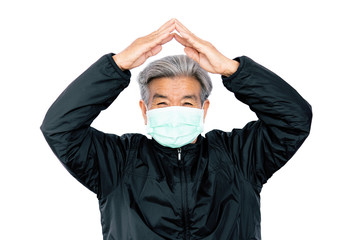 Old woman wearing a mask fear problem covid 19 and air pollution on a white background,stay at home ,healthcare concept,new normal.