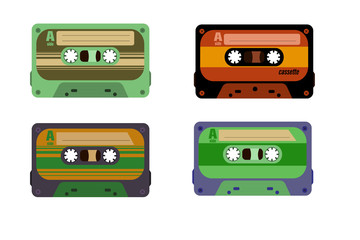 Retro Cassettes.  Retro dj sound tape, 1980s rave party stereo mix, old school record technology.