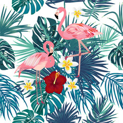 Naklejka premium Wzór różowy flaming z liści palmowych i kwiatów na białym tle
