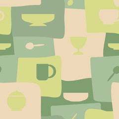 Seamless pattern with cups with spoons, saucers, sugar bowl and other table items . Tea time . Vector Flat style