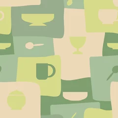 Küchenrückwand glas motiv Musterwelt Nahtloses Muster mit Tassen mit Löffeln, Untertassen, Zuckerdose und anderen Tischartikeln. Teezeit . Vektor flacher Stil