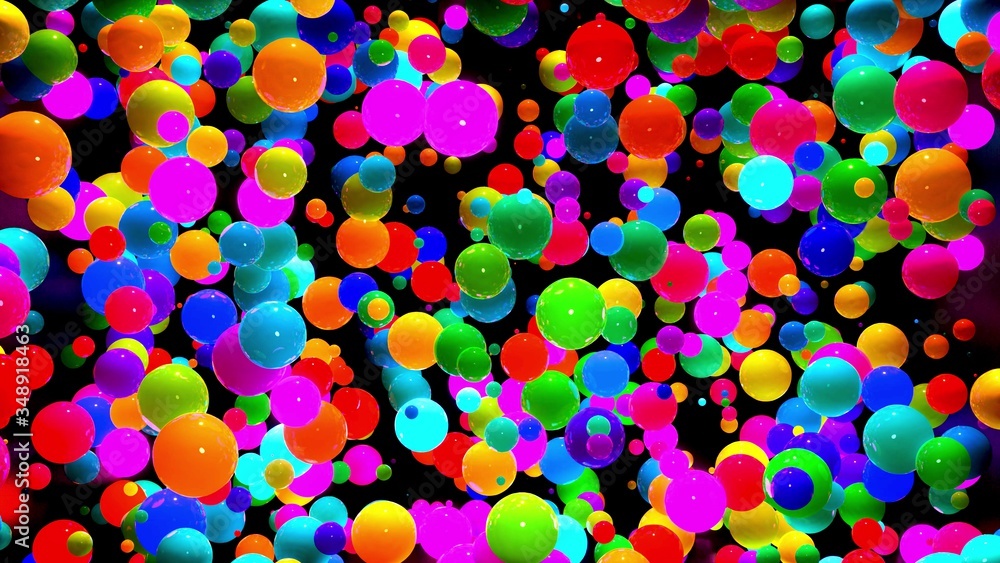 Poster abstract composition of colorful balls in air, which randomly light up and reflect in each other. mu