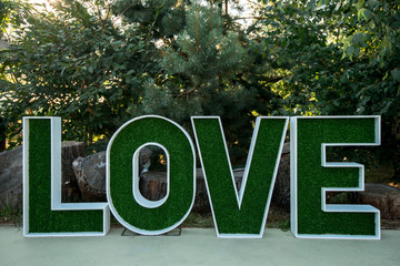 wedding decor in large green letters with the inscription "love"